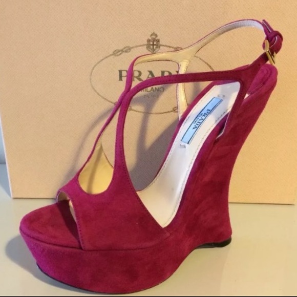 NWB PRADA Magenta, Suede, Open-Toe, Platform, Wedge Sandals - Picture 2 of 10